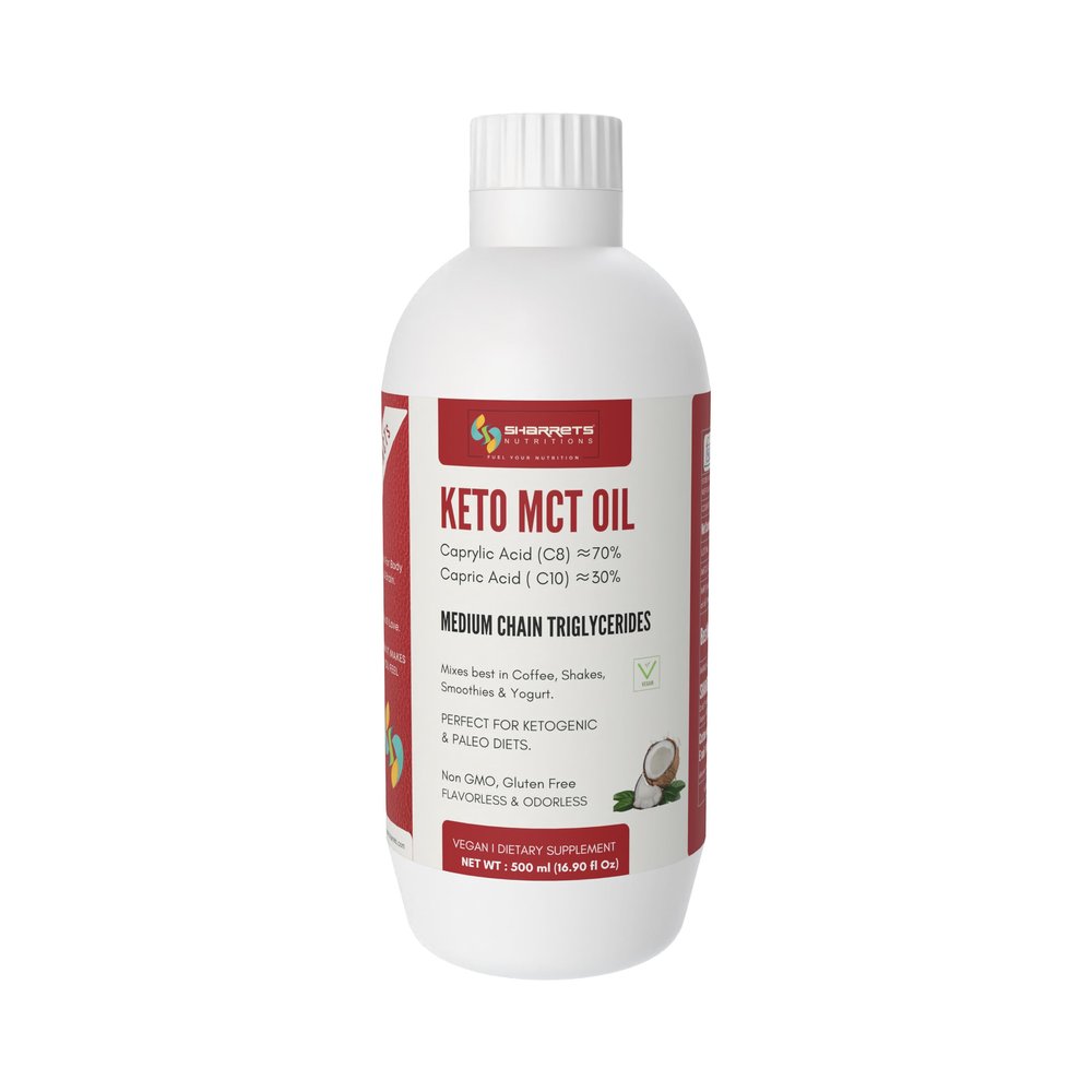 Sharrets Keto Coconut MCT Oil 500ml, C8:70 C10 :30, for Athletes, Brain, Muscles, Running Medium Chain Triglycerides Liquid