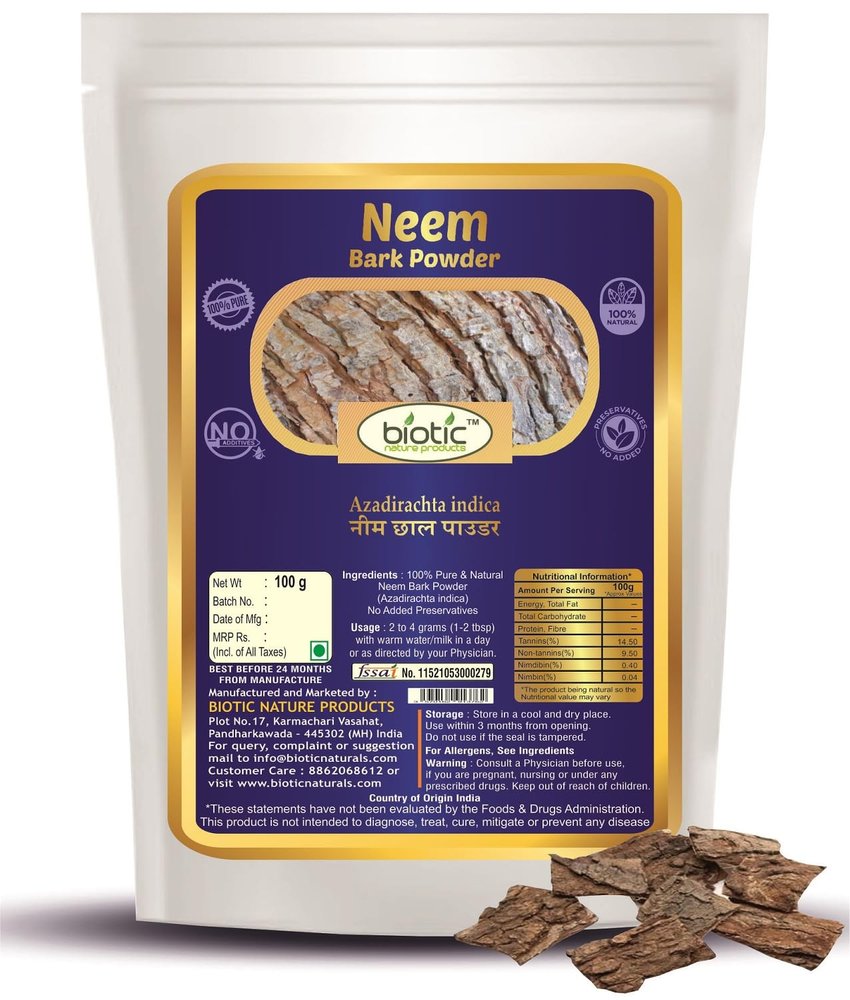 Biotic Natural Neem Bark Powder (Azadirachta indica) - neem chaal powder for teeth cleaning and Eating - 100gm