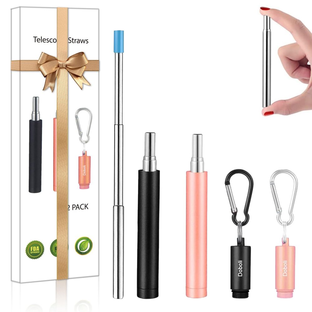 Doboli 2 Pack Reusable Metal Straws Collapsible Stainless Steel Drinking Portable Telescopic Straw with Case Black/Rose Gold