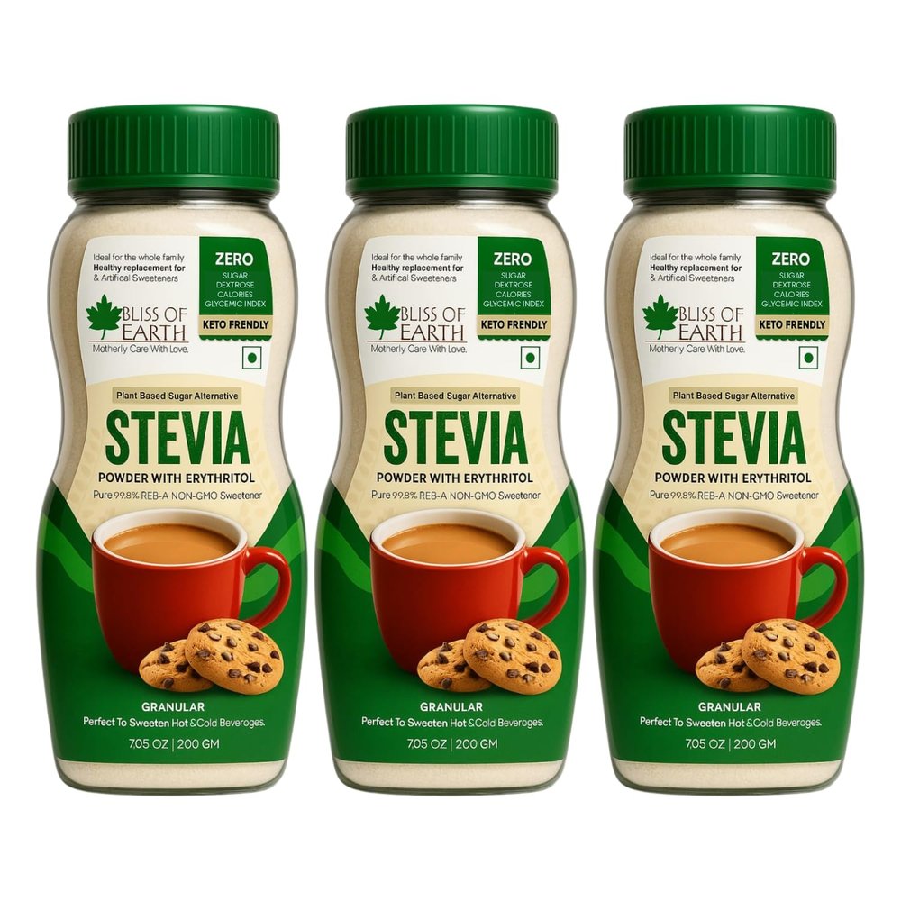 Bliss of Earth Stevia Powder, Organic Sugar Free Zero Calorie Sweetener Diabetic and Keto Friendly 99.8% Purity Vegetarian Gluten Free Quick Dissolve (200 gm (Pack of 3))