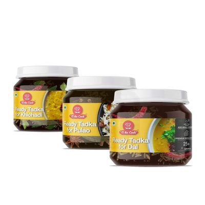 EL The Cook North India Tadka Combo - Dal Tadka, Pulao, Khichadi | Ready Ghee Tadka with Spices | Restaurant Style Dishes - Just Mix with Plain Cooked dal/ Rice | 180g x 3, Each Jar has 18-20 Serves