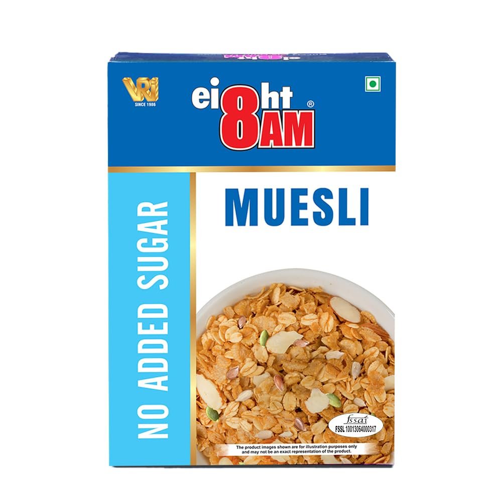 8AM Muesli with Almonds (No Added Sugar), Tasty, Nutritious and Healthy Snacks, Include Whole Grains and Seeds, 425 gm