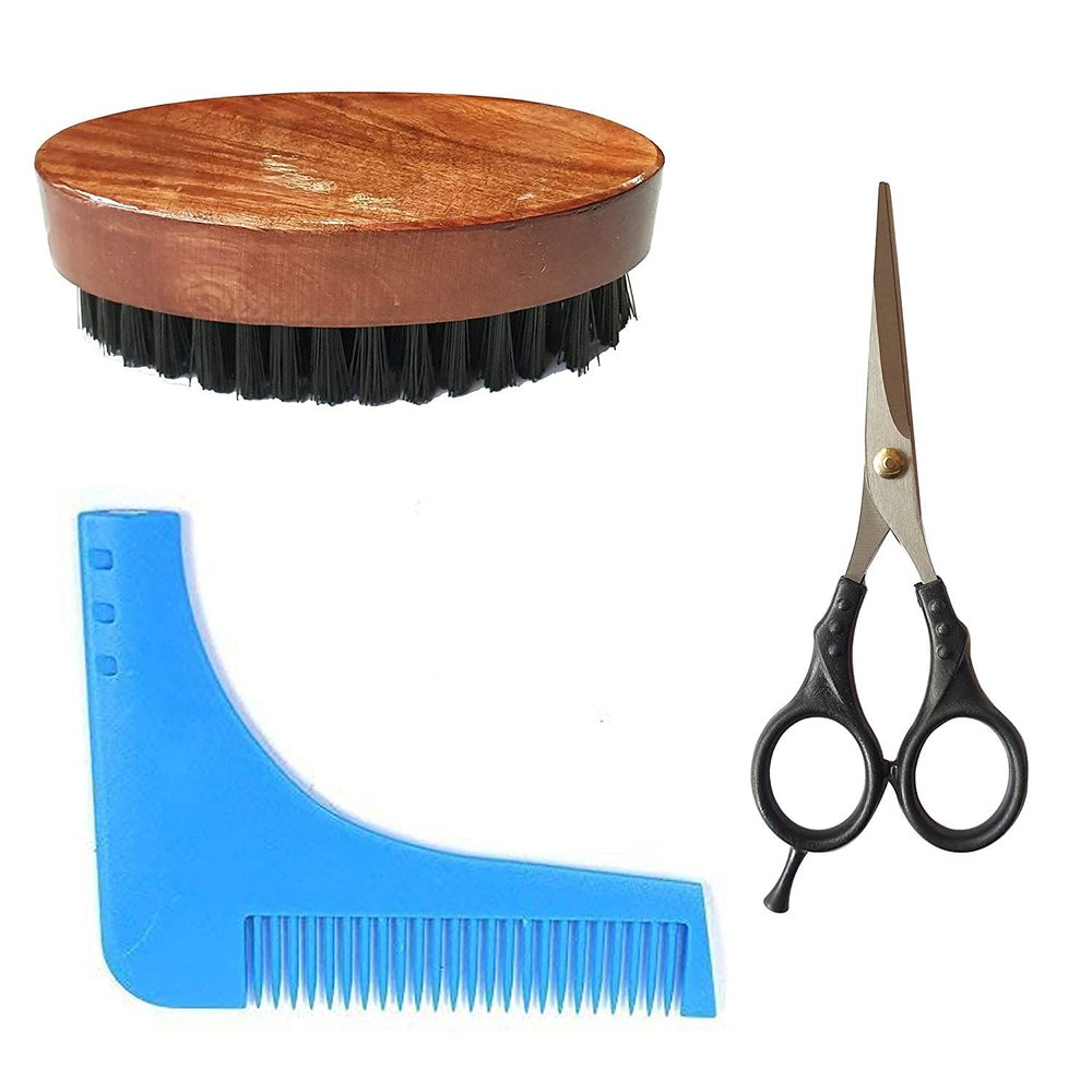 Foreign Holics Complete Pack of 3 Pcs Beard Care Tools Include Beard Brush Stainless Steel Hair Cutting Scissor/Beard Comb