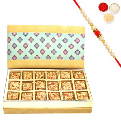 Ghasitaram Gifts Rakhi Gifts for Brothers Rakhi Sweets - 5 Part 18 Print Pcs Roasted Almond Bites Box with Beads Rakhi