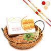 Ghasitaram Gifts Rakhi Gifts/ Rakhi Sweets - Small Cane Basket with Nani's Spl Besan Barfi and Almonds Pouch with 2 Pearl Beads Rakhis view 1