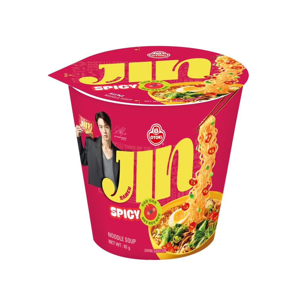 Ottogi Jin Ramen Korean Style Instant Noodles Spicy Flavor 65g Cup, Pack of 1 | Veg & Authentic Korean Ramen Noodles | The Product Of Korea