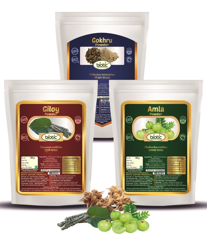 Biotic Natural Gokhru, Giloy and Amla Powder - 300g (100g each)