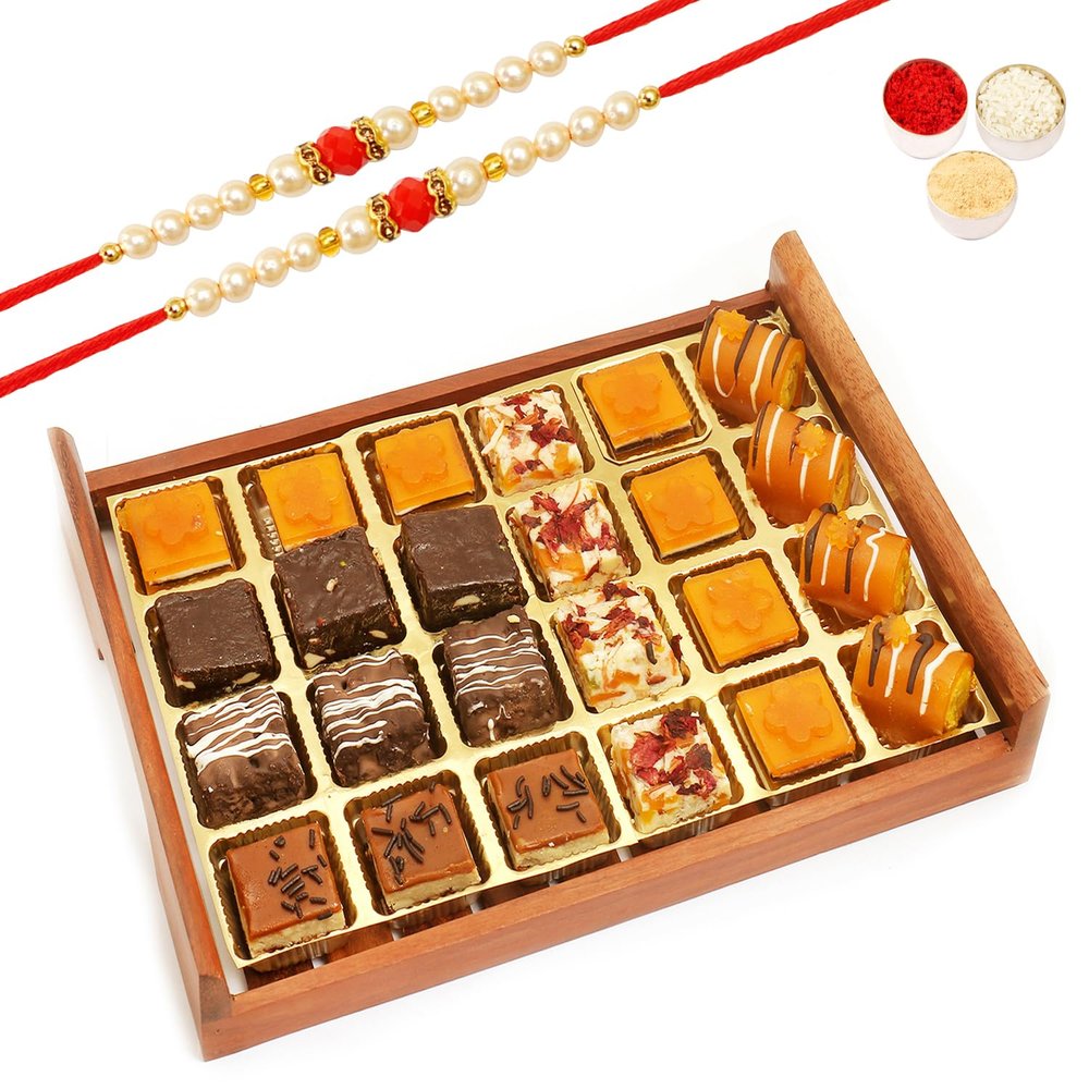 Ghasitaram Gifts Rakhi Gifts for Brothers Rakhi Sweets - Wooden Mango Delight and Rakhi Special Sweets Serving Tray with 2 Beads Rakhi
