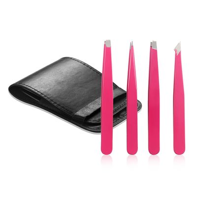 Vtrem 4 Piece Tweezers for Eyebrows Professional Stainless Steel Tweezers Set Slant tip, Pointed & Straight Best Precision Tweezers for Facial & Ingrown Hairs, Splinter, Blackhead (Rose Red)