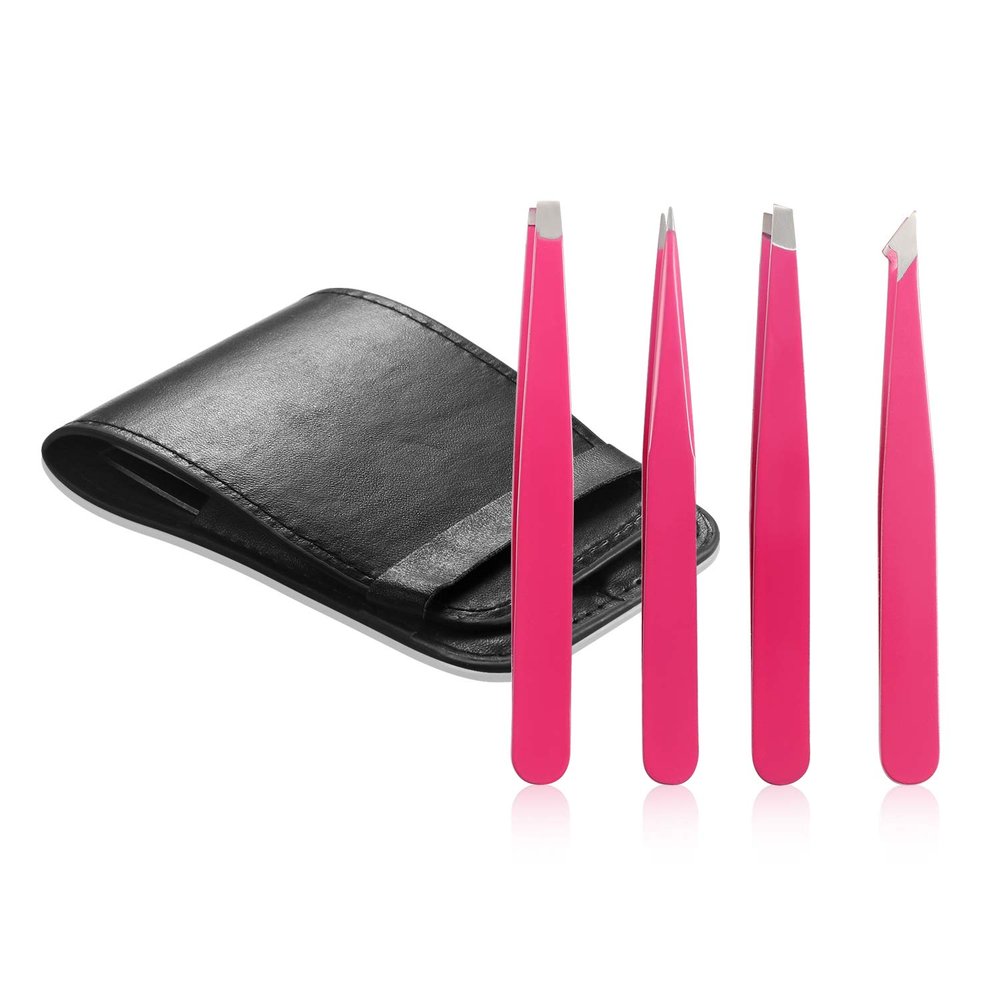 Vtrem 4 Piece Tweezers for Eyebrows Professional Stainless Steel Tweezers Set Slant tip, Pointed & Straight Best Precision Tweezers for Facial & Ingrown Hairs, Splinter, Blackhead (Rose Red)