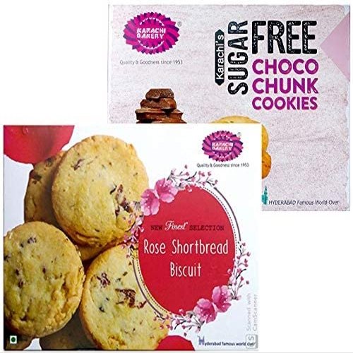 Karachi Bakery Sugar Free Choco Chunk & Rose Short Bread Biscuit 250g.(Pack of 2)