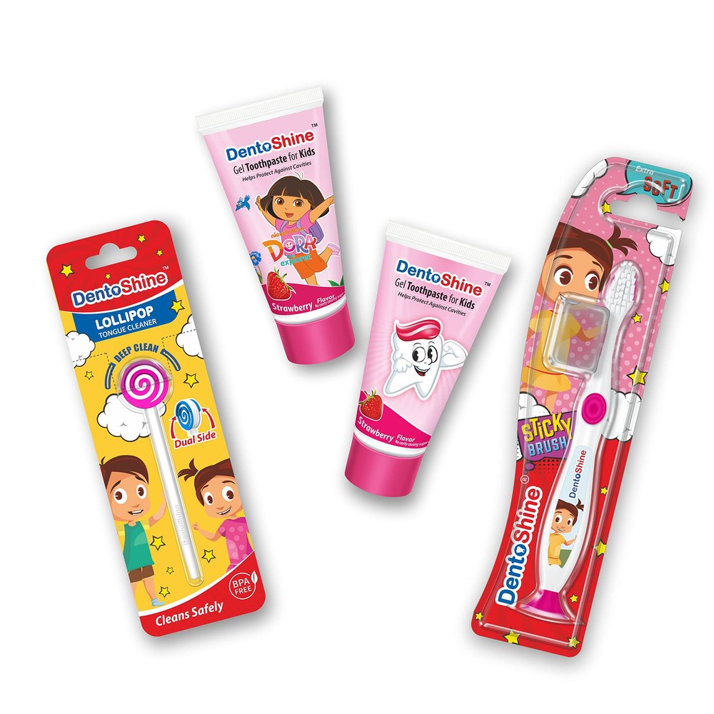 DentoShine Oral Care Combo Ages 2+ (Sticky Toothbrush for Kids + Lollipop Tongue Cleaner + Flavored Toothpaste 80 g x 2) (Strawberry)