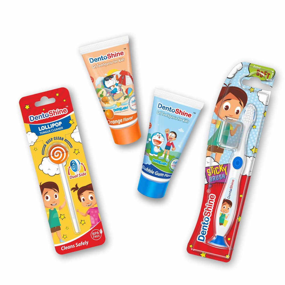 DentoShine Oral Care Combo Ages 2+ (Sticky Toothbrush for Kids + Lollipop Tongue Cleaner + Flavored Toothpaste 80 g x 2) (Orange & Bubble Gum)