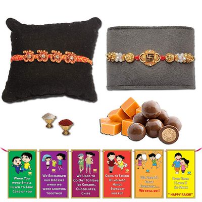BOGATCHI Rakhi Dark Chocolates Nuts Free with Set of 2 Om and Swastik Beads Rakhi for Brother + Free roli chawal and bro sis Story Card