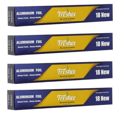 Freshee 18m New Disposable Aluminium Silver Kitchen Foil Roll, Pack of 4, 11 Micron Thick Food wrap Silver Foil Roll