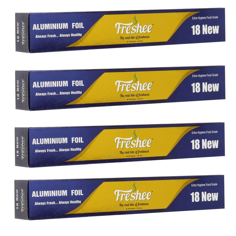 Freshee 18m New Disposable Aluminium Silver Kitchen Foil Roll, Pack of 4, 11 Micron Thick Food wrap Silver Foil Roll