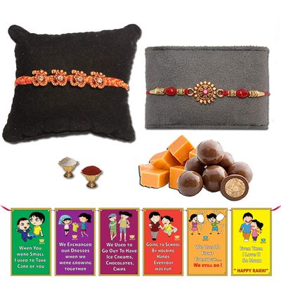 BOGATCHI Rakhi Dark Chocolates Nuts Free with Set of 2 Om and Golden Beads Rakhi for Brother + Free roli chawal and bro sis Story Card