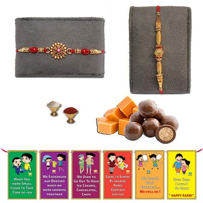 BOGATCHI Rakhi Dark Chocolates Nuts Free with Set of 2 Crafted Gold Plated Rakhi for Brother + Free roli chawal and bro sis Story Card
