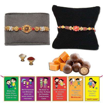 BOGATCHI Rakhi Dark Chocolates Nuts Free with Set of 2 SWASTIK and Beads Rakhi for Brother + Free roli chawal and bro sis Story Card