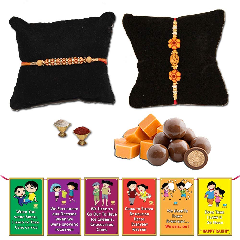 BOGATCHI Rakhi Dark Chocolates Nuts Free with Set of 2 Unique Haldi Colour Rakhi for Brother + Free roli chawal and bro sis Story Card
