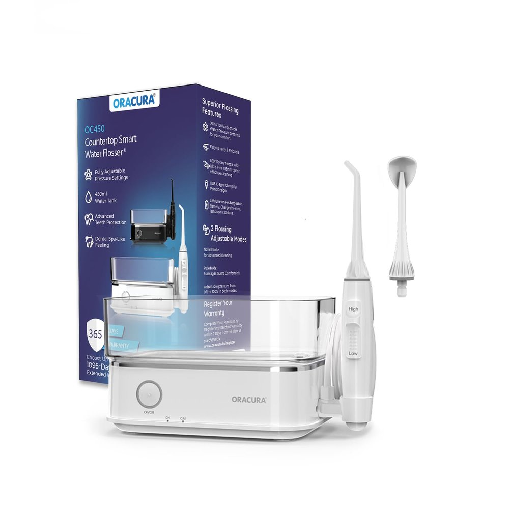 ORACURA OC450 LITE Countertop Smart Water Flosser White | 365 Days Warranty | Adjustable Water Pressure Settings | 450ml Water Tank | Rechargeable | 30-Day Battery Life | 2 Nozzle Tips