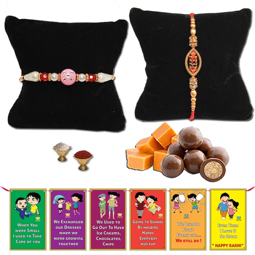 BOGATCHI Rakhi Dark Chocolates Nuts Free with Set of 2 Hand Crafted Rakhi for Brother+ Free roli chawal and bro sis Story Card