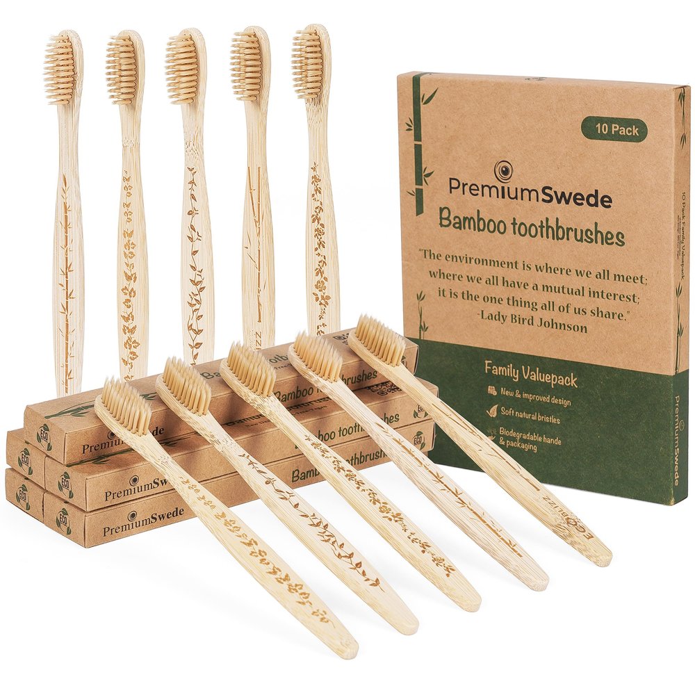 Bamboo Toothbrushes Biodegradable Eco Friendly - Natural Wooden Toothbrush with Soft Bristles - for Kids, Adults - Family 10 Pack
