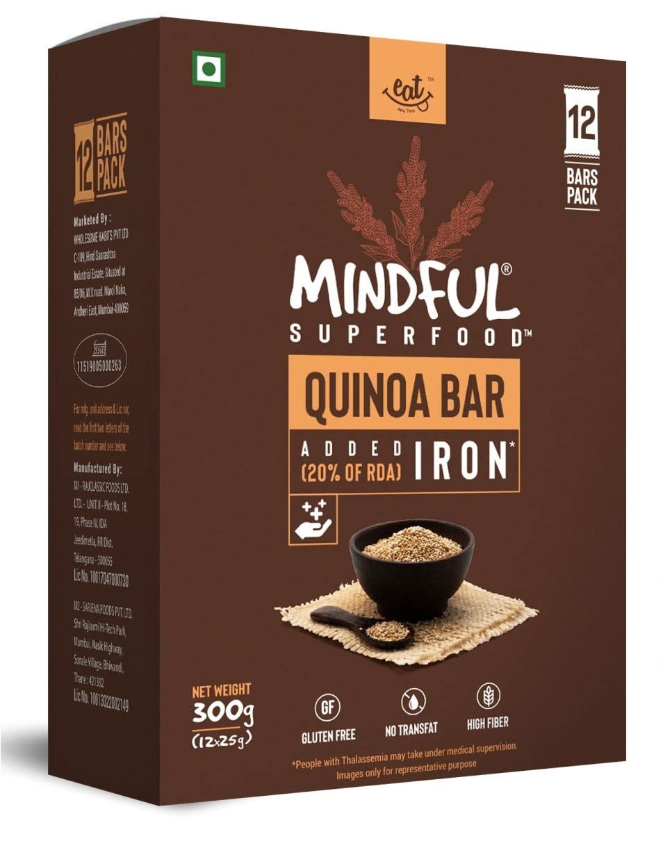 Eat Anytime Healthy Energy Quinoa Bar | Gluten Free & High Fiber | Energy Bar Sugar Free | High Protein | Healthy & Breakfast Protein Bar | Quinoa/Energy Bar -300gm(12Pcs.of 25Gm)