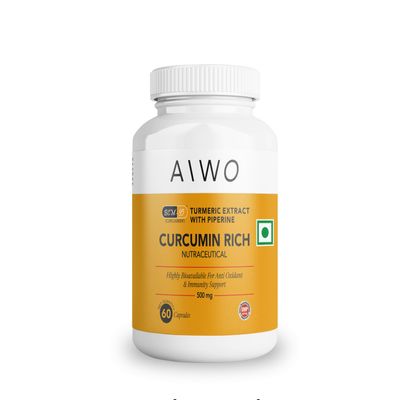 AiWO Curcumin Rich | BCM 95 Curcumin With Piperine Capsules | Turmeric Extract For Liver, Bones, Joints Supplements (60 Capsules)
