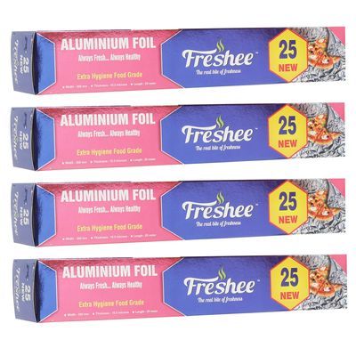 Freshee 25m New Aluminium Silver Kitchen Foil Roll Paper Pack of 4 11 Micron Thick Food wrap Disposable Food Parcel Fresh Food