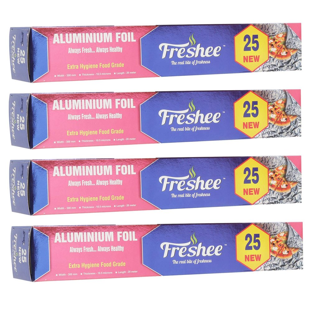 Freshee 25m New Aluminium Silver Kitchen Foil Roll Paper Pack of 4 11 Micron Thick Food wrap Disposable Food Parcel Fresh Food