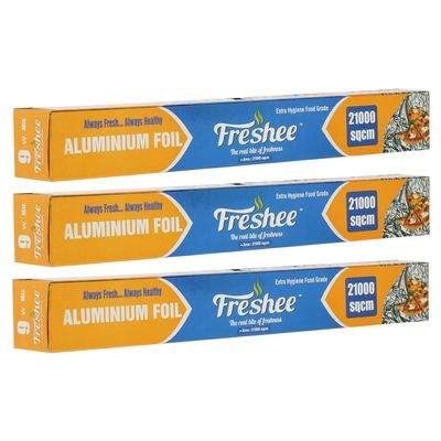 Freshee Aluminium Foil Roll for Food Packing Baking Roti Wrapping Paper Silver Aluminium Foil 21000 sqcm, Pack of 3