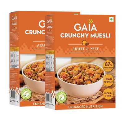 GAIA Crunchy Muesli Fruit and Nut, High Fiber, Source of Protein,Source of Iron,No Trans Fat,Zero Cholesterol,Ideal Breakfast Choice 400 gm (Pack of 2)