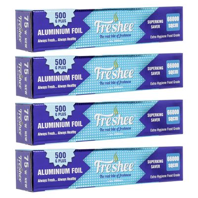 Freshee Aluminium Foil for Wrapping Food 22mtrs Silver Foil Roll Disposable Foil for Food Parcel 66000sqcm, Pack of 4