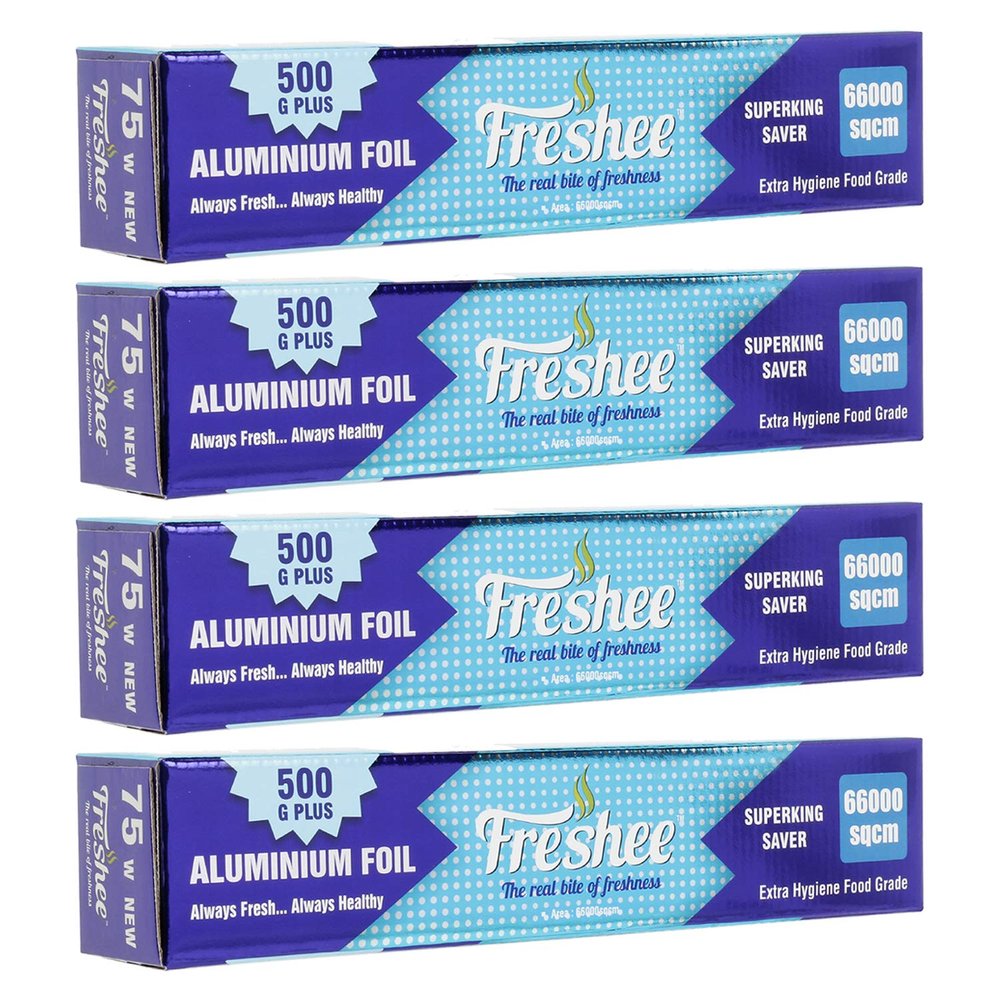 Freshee Aluminium Foil for Wrapping Food 22mtrs Silver Foil Roll Disposable Foil for Food Parcel 66000sqcm, Pack of 4