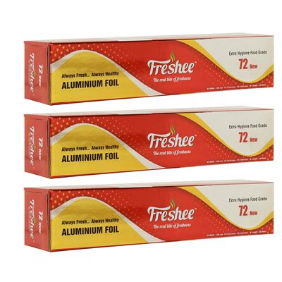 Freshee New Aluminium Silver Kitchen Foil Roll Paper 44 m, 11 Micron Thick Food wrap Disposable Food Parcel for Fresh Food Pack of 3