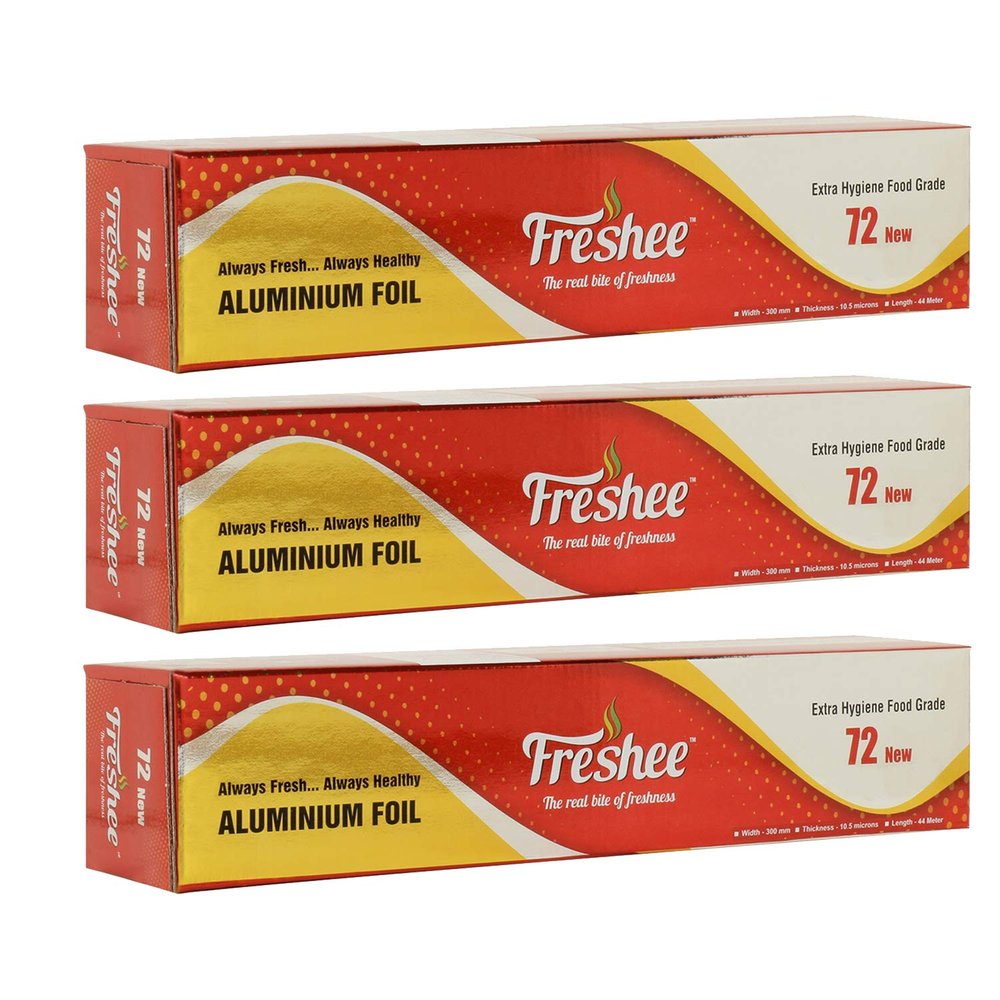 Freshee New Aluminium Silver Kitchen Foil Roll Paper 44 m, 11 Micron Thick Food wrap Disposable Food Parcel for Fresh Food Pack of 3