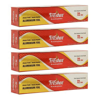 Freshee New Disposable Aluminium Silver Kitchen Foil Roll 44 m, Pack of 4, 11 Micron Thick Food wrap Silver Foil Roll
