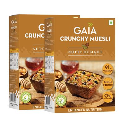 Gaia Nutty Delight Muesli,High Fiber,Source of Protein,Zero Trans Fat,Light and Wholesome Breakfast Choice,Healthy and Nutritious, Combined with Almonds and Raisins 400G (Pack of 2)