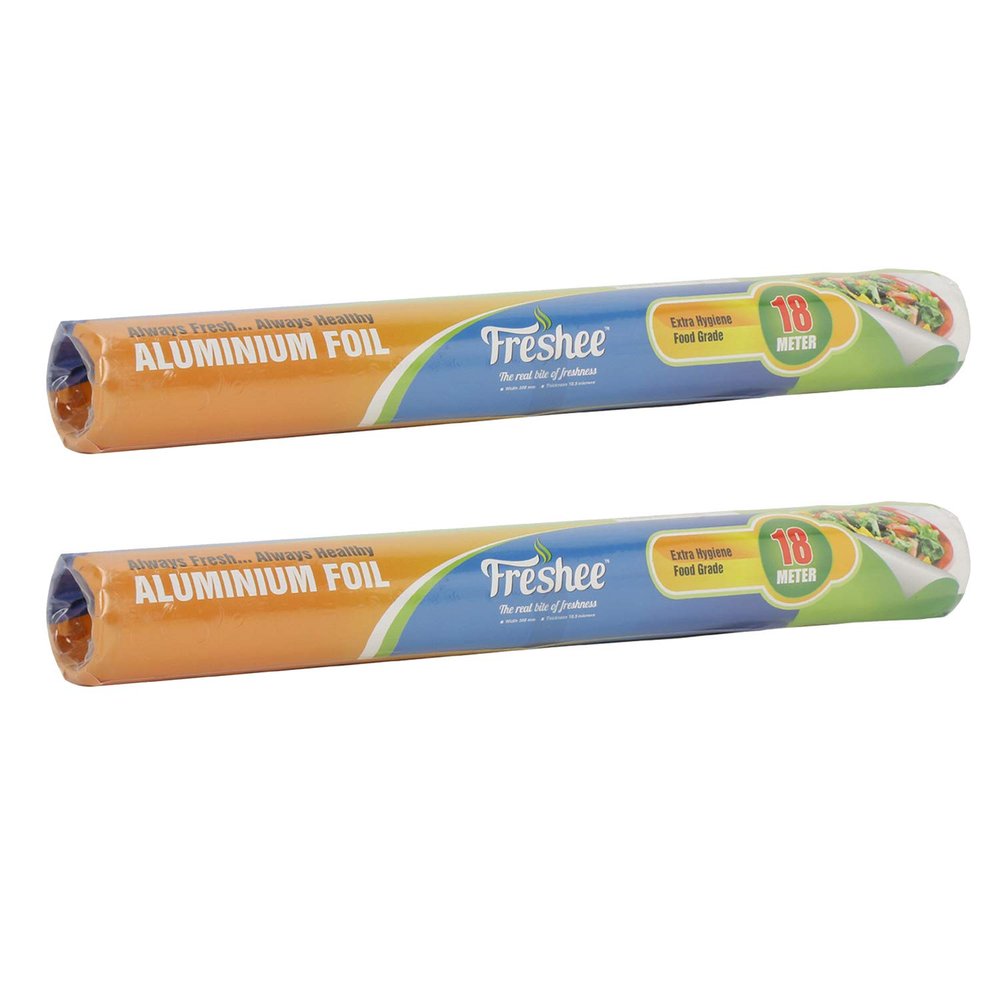 Freshee Aluminium Foil Paper for Food Kitchen Foil Paper,11 Micron Thick Food Wrapping Baking 18 m Silver Foil Roll for Roti Disposable - Pack of 2