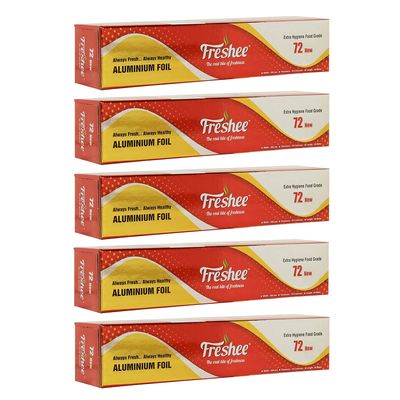 Freshee New Aluminium Silver Kitchen Foil Roll Paper 44 m, 11 Micron Thick, Food wrap, Disposable, Food Parcel, Fresh Food Pack of 5