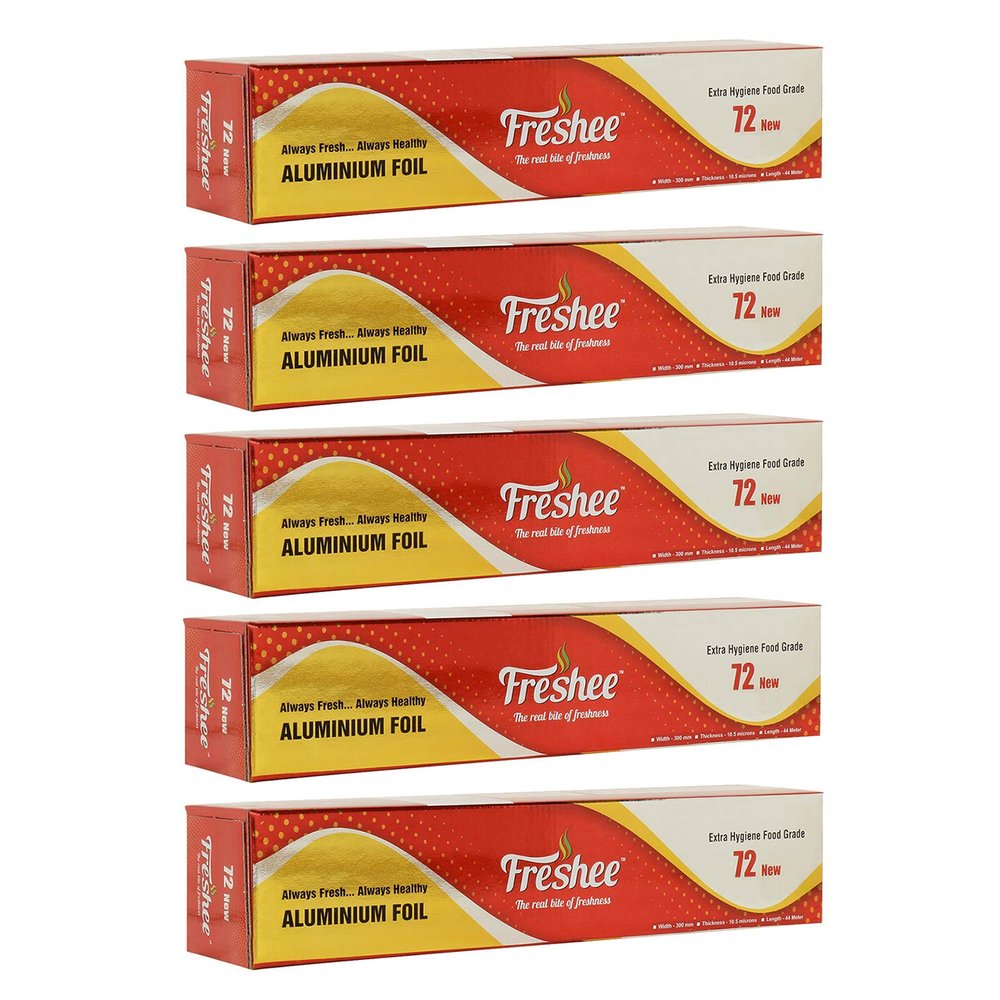 Freshee New Aluminium Silver Kitchen Foil Roll Paper 44 m, 11 Micron Thick, Food wrap, Disposable, Food Parcel, Fresh Food Pack of 5