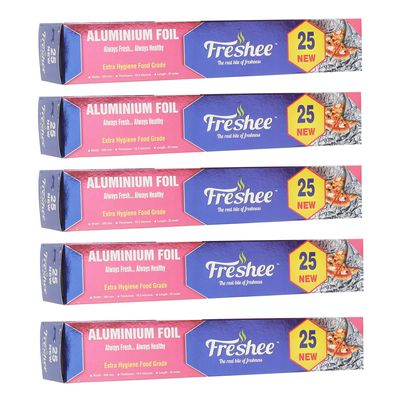 Freshee 25m New Aluminium Silver Kitchen Foil Roll Paper Pack of 5 11 Micron Thick Food wrap Disposable Food Parcel Fresh Food
