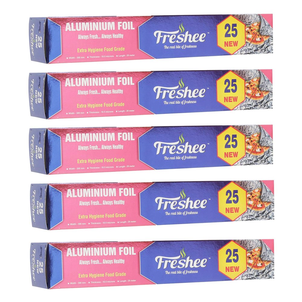 Freshee 25m New Aluminium Silver Kitchen Foil Roll Paper Pack of 5 11 Micron Thick Food wrap Disposable Food Parcel Fresh Food