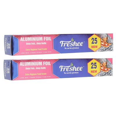 Freshee 25New Aluminium Silver Kitchen Foil Roll Paper Pack of 2 11 Micron Thick Food wrap Disposable Food Parcel Fresh Food
