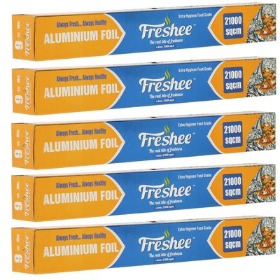 Freshee 21000sqcm Disposable Aluminium Foil for Roasting, Pack of 5 Silver Foil Roll for Packing Food for Delivery Reheating & Freezing