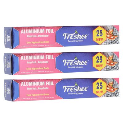 Freshee 25m New Aluminium Silver Kitchen Foil Roll Paper Pack of 3 11 Micron Thick Food wrap Disposable Food Parcel Fresh Food