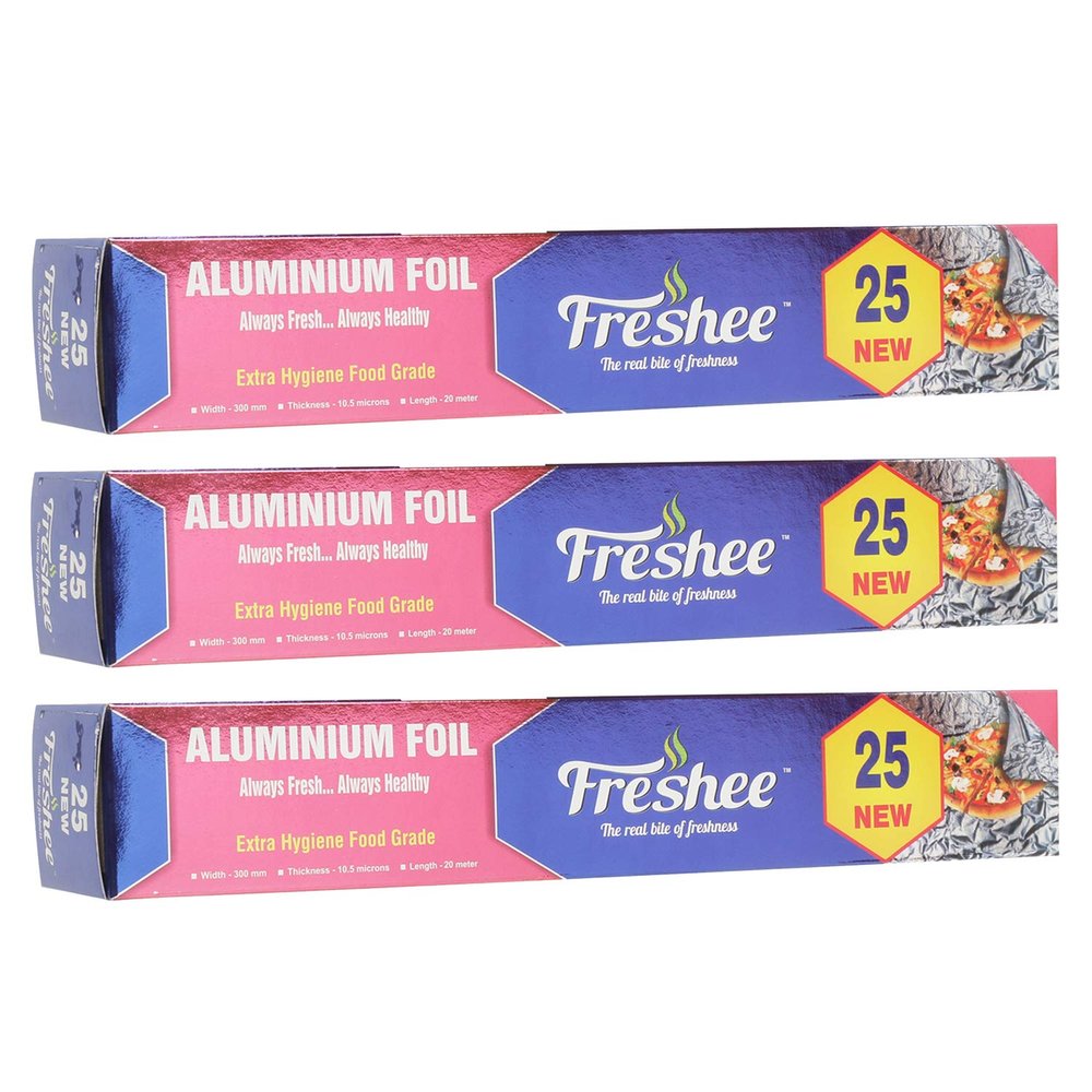 Freshee 25m New Aluminium Silver Kitchen Foil Roll Paper Pack of 3 11 Micron Thick Food wrap Disposable Food Parcel Fresh Food