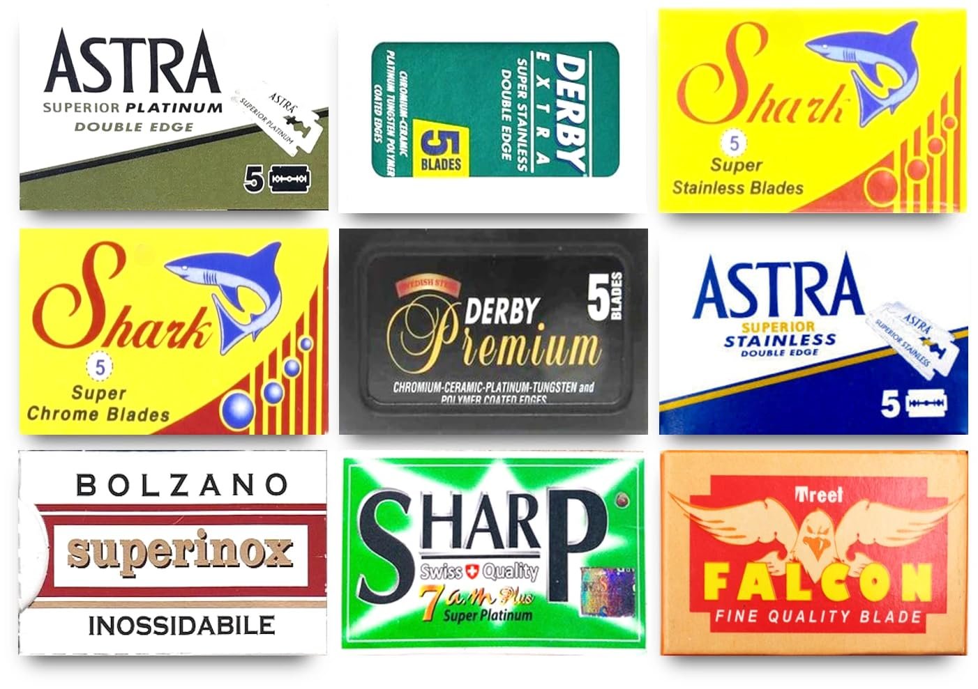 Astra-Derby-Shark-Voskhod-Treet 50 Quality Double Edge Razor Blades Sampler (9 different brands)