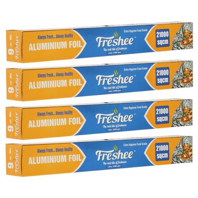 Freshee Aluminium Foil for Food Packing Silver Foil Paper Roll Disposable Roti Wrapping Baking Grilling Paper 21000 sqcm- Pack of 4